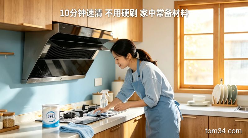 女生用抹布轻松擦拭油烟机油污，台面放着白醋、小苏打、洗洁精等常用清洁用品