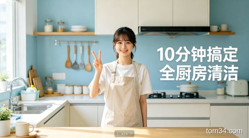 女生按照流程快速清洁厨房，动作轻松，脸上带着笑意，台面整洁干净