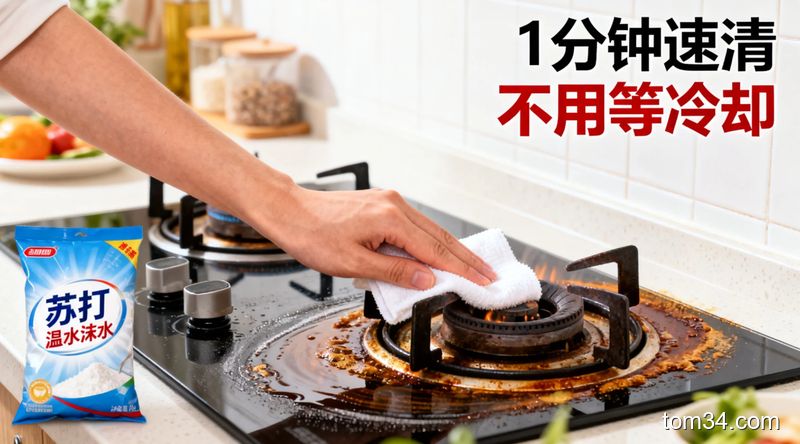 清新明亮生活化厨房场景，刚做完饭的有余温的灶台旁，人手拿着沾了小苏打温水的抹布轻轻擦拭灶台浮油，配文字标注‘1分钟速清 不用等冷却’，风格温馨家常，突出简单快速低成本