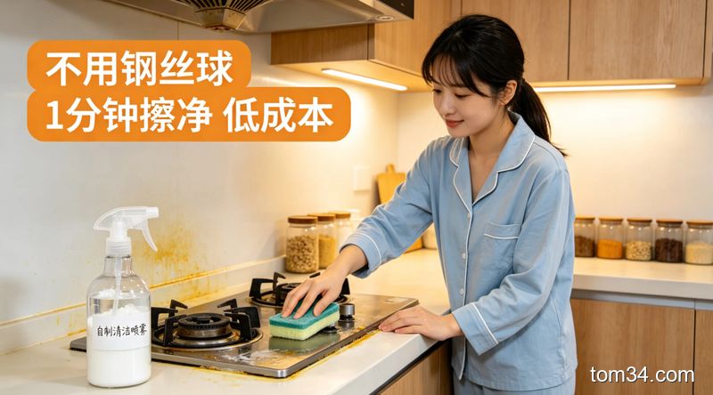 家用厨房灶台沾有油污的场景，女生拿普通百洁布轻松擦掉灶台油污，旁边摆放小苏打+洗洁精自制喷雾，无钢丝球，清新明亮生活化风格，配文字标注「不用钢丝球 1分钟擦净 低成本」