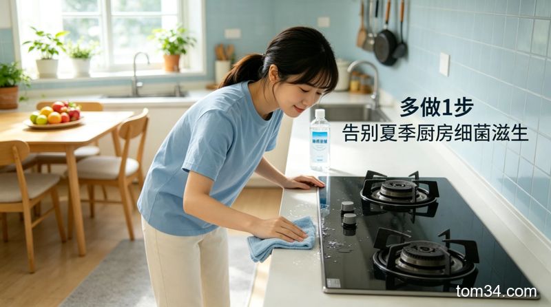 女生用干抹布擦拭清洁好的灶台，旁边放着稀释的食用酒精喷雾，干净清爽的夏季厨房场景