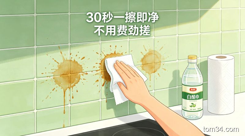 清新生活化厨房场景，瓷砖墙面上有少量炒菜溅的油污，一只手拿着浸了白醋的湿纸巾敷在油污上，配文字标注「30秒一擦即净 不用费劲搓」，画面轻松，突出低负担清洁