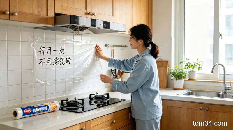 清新明亮居家厨房灶台旁，人正在给墙面贴普通保鲜膜，旁边放着一卷保鲜膜，标注「每月一换不用擦瓷砖」文字，风格生活化