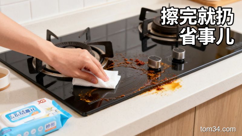 厨房灶台有少量炒菜溅的油污，一只手拿着厨房清洁湿巾正在擦拭，周围没有其他清洁工具，配文字&ldquo;擦完就扔省事儿&rdquo;，风格生活化，突出30秒搞定、方便快捷的特点