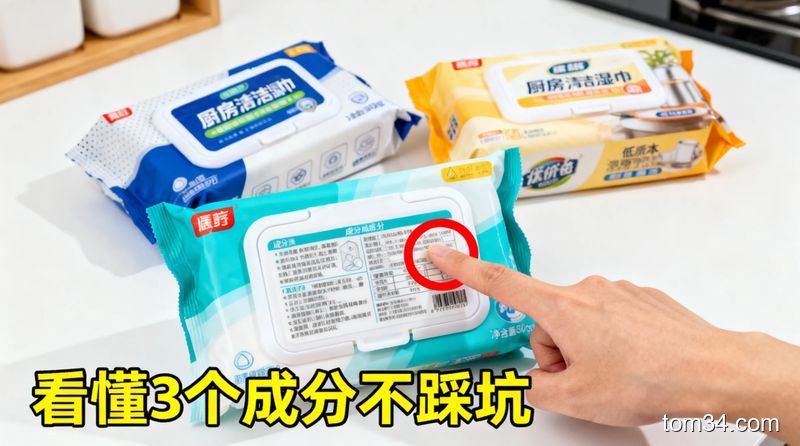 干净的白色桌面摆放3款不同价位的厨房清洁湿巾，特写包装上的成分表，用红圈标出3个核心成分的位置，一只手正指着圈出的位置，配文字&ldquo;看懂3个成分不踩坑&rdquo;，风格明亮简约，突出低成本、不花冤枉钱的特点