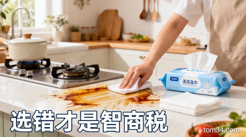 明亮温馨的家庭厨房场景，台面上有新鲜的油污痕迹，一只手拿着厨房清洁湿巾轻松擦除油污，旁边摆着普通湿巾做对比，配文字&ldquo;选错才是智商税&rdquo;，风格清新生活化，突出快速、不用洗抹布的特点