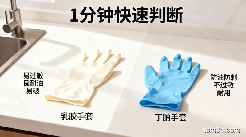 清新明亮的直白科普对比场景，左右分区摆放乳胶手套和丁腈手套，乳胶手套旁标注「易过敏、不耐油、易破」，丁腈手套旁标注「防油防刺、不过敏、耐用」，背景为浅色厨房台面，风格简约好懂，突出1分钟快速判断的特点