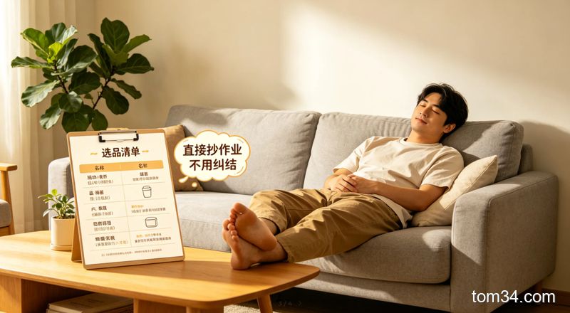 轻松居家场景，懒人靠在沙发上，旁边放着对应需求的选品清单，配文字标注「直接抄作业 不用纠结」，风格生活化，突出省心便捷