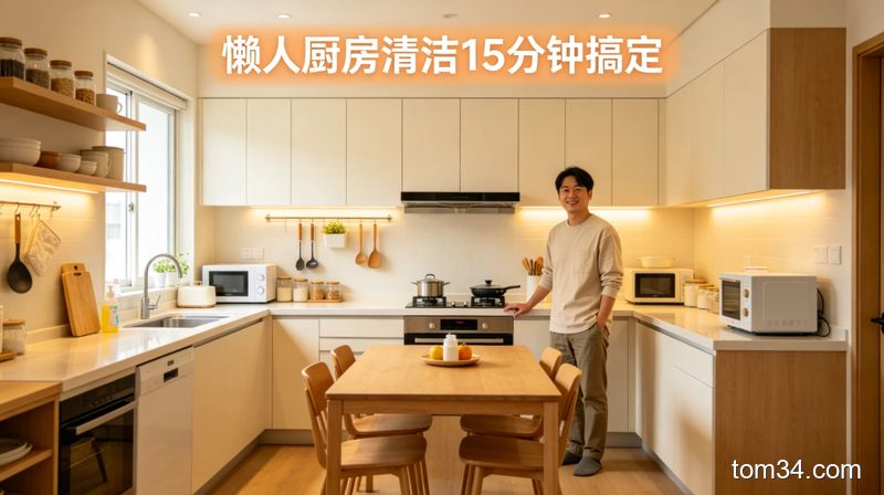 整洁光亮的完整厨房全景，普通人站在干净厨房旁露出轻松的表情，配文字「懒人厨房清洁 15分钟搞定」，风格温暖居家，突出无负担的清洁效果