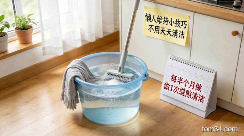 干净整洁的厨房整体场景，瓷砖缝隙洁白无黑垢，台面整洁无油污