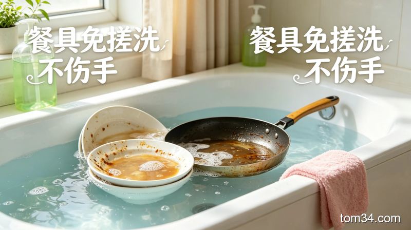 温盐水里浸泡的餐具，拿出来水流一冲油污就掉，餐具光亮干净
