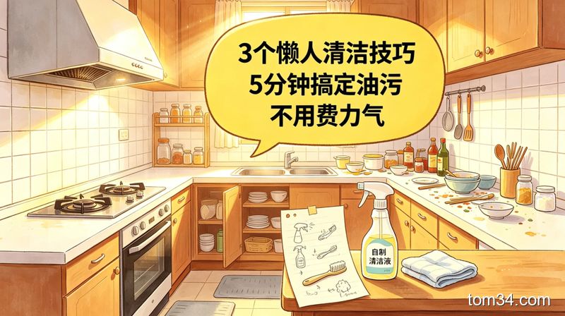 了白醋小苏打溶液的抹布擦拭灶台，油污一擦就掉的前后对比场景