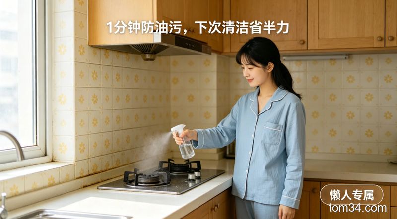 做完饭后的干净厨房，清新明亮生活化风格，女生随手拿小喷壶喷一下灶台，再用抹布轻轻带过的轻松动作，配文字“1分钟防油污，下次清洁省半力”，标注“懒人专属”