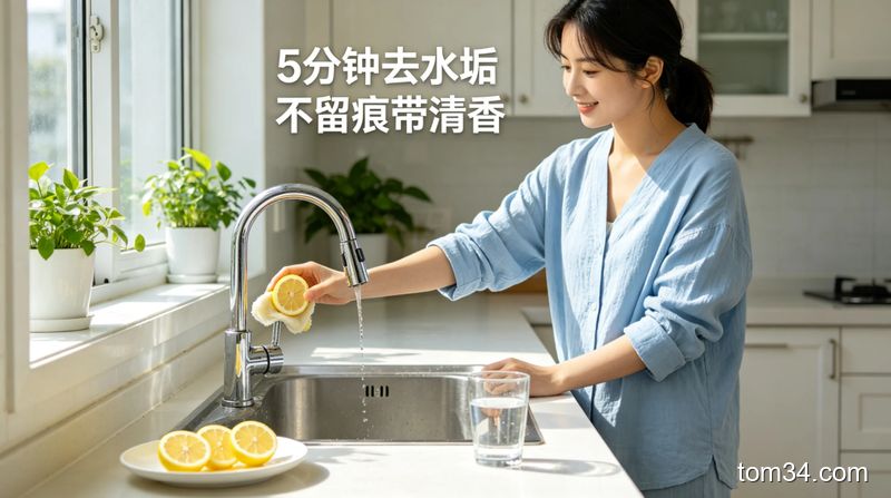 女生用新鲜柠檬片擦拭水龙头表面水垢，擦完的半边水龙头光亮如新，旁边摆着盛了白醋水的不锈钢烧水壶，水槽干净无污渍