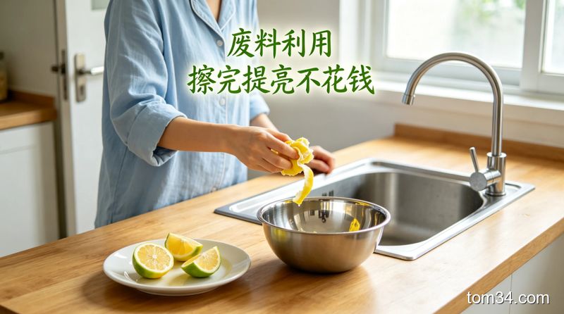 居家厨房场景，人物拿着吃完的柠檬皮擦拭不锈钢碗，旁边放着切剩的柠檬块，配文字标注「废料利用 擦完提亮不花钱」，清新生活化风格
