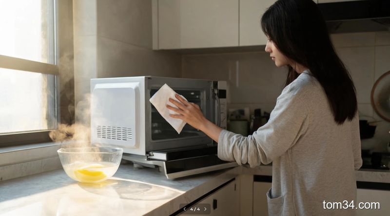 女性手持抹布擦拭微波炉内壁，旁边放着柠檬水碗，自然光照明
