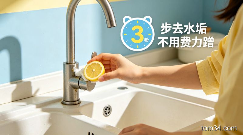 生活化厨房水槽场景，女生手拿着柠檬片轻松擦拭水龙头水垢，旁边有3分钟倒计时的可爱标识，配文字“3步去水垢 不用费力蹭”，清新明亮风格，突出操作简单快速