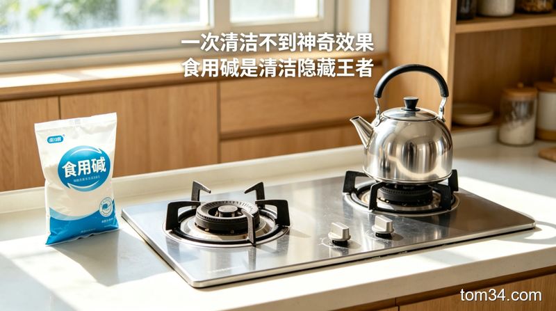 袋装食用碱摆放在干净厨房台面上，旁边放着网红清洁喷雾做性价比对比