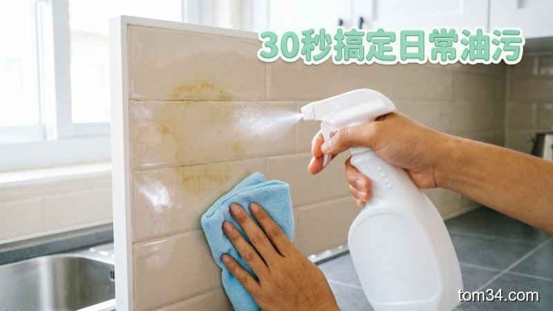 生活化厨房场景，一只手拿着喷壶往轻度油污瓷砖上喷洗洁精白醋热溶液，另一只手用抹布轻轻一擦瓷砖立刻变亮，配文字「30秒搞定日常油污」，风格清新明亮，突出操作简单