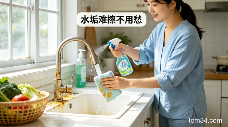 温馨提示类图示，标注可清洁的不锈钢、陶瓷器具和不可清洁的大理石台面对比，适配厨房清洁避坑场景