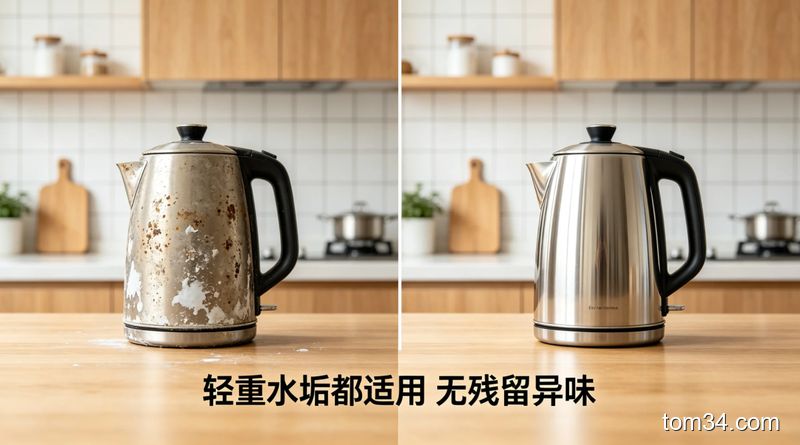 对比展示：左边是布满重度水垢的热水壶，右边是清洁后光亮的热水壶对比图