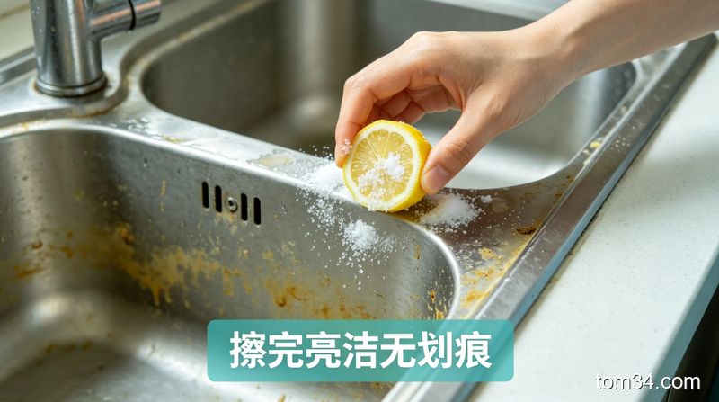 明亮厨房的不锈钢水槽场景，水槽上有明显黄垢水垢，一只手拿着撒了食盐的柠檬块正在擦拭水槽，配文字「擦完亮洁无划痕」，清新生活化风格，突出操作简单
