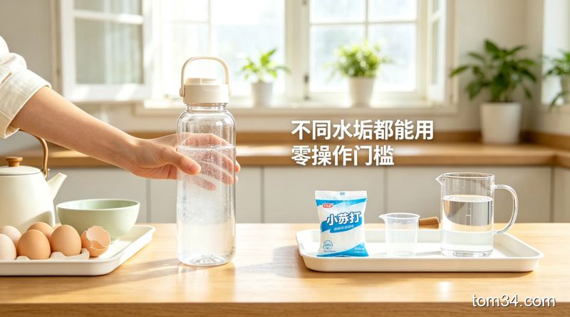 分别展示鸡蛋壳去水垢、小苏打去水垢的操作对比图，厨房台面上摆放鸡蛋壳、小苏打盒等清洁用品