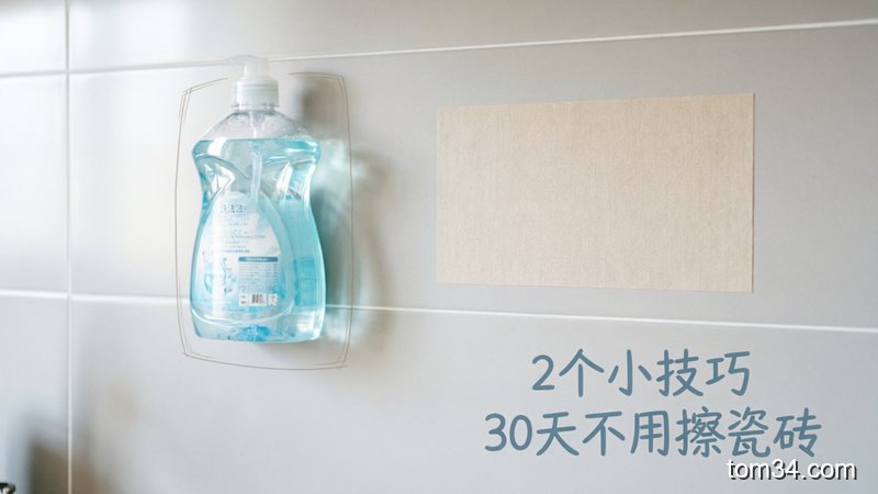 干净的厨房瓷砖墙面，展示擦洗洁精水、贴防油贴纸的2个简单小动作，风格清新治愈，配文字标注「2个小技巧 30天不用擦瓷砖」，突出低负担