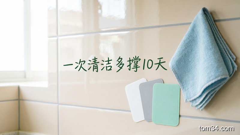 干净明亮的厨房瓷砖墙面，旁边放着干抹布和厨房防油贴小样，配文字「一次清洁多撑10天」，风格清新温馨，突出省心
