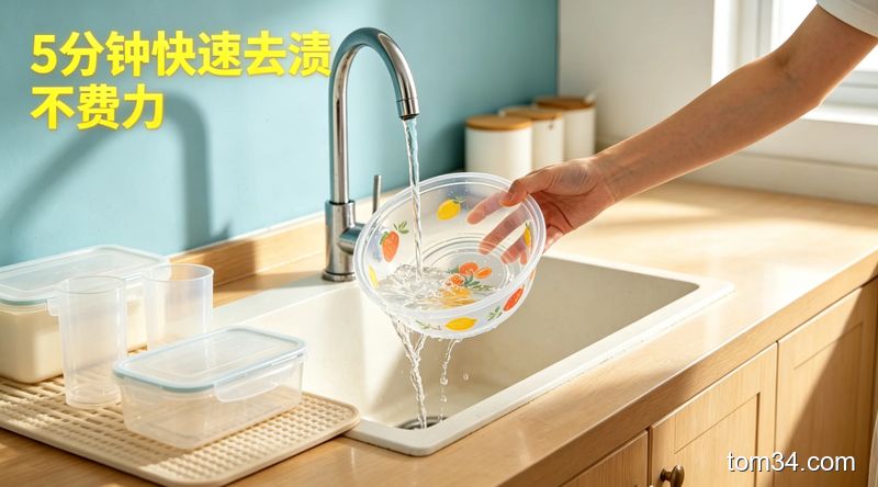 用洗碗布轻轻擦拭浸泡后的塑料碗，污渍快速脱落，对应5分钟快速厨房清洁步骤，风格温馨生活化