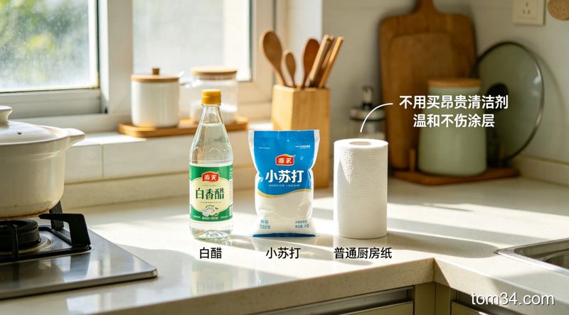 清新明亮家常厨房场景，台面上摆放着白醋、小苏打、普通厨房纸三样常见物品，旁边配文字标注「不用买昂贵清洁剂 温和不伤涂层」，风格生活化，突出简单低成本