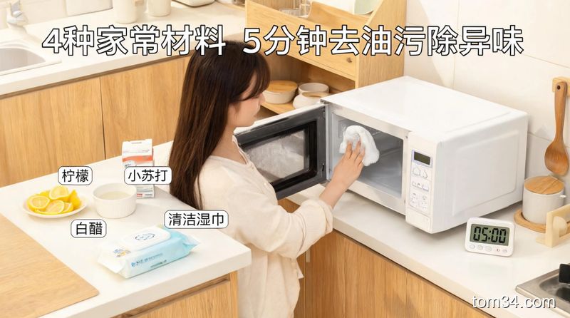 清新明亮生活化厨房场景,台面上摆着柠檬片、装白醋的小碗、小苏打粉、清洁湿巾,旁边计时器显示5分钟,博主正用湿布轻松擦微波炉内壁,配文字标注“4种家常材料 5分钟去油污除异味”,突出低成本简单操作