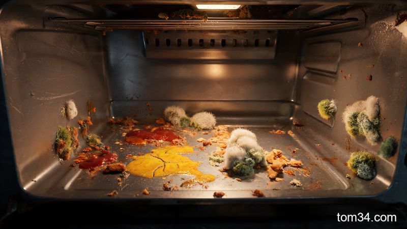 微波炉内壁布滿食物残渣和细菌菌落的3D特写,警示健康风险