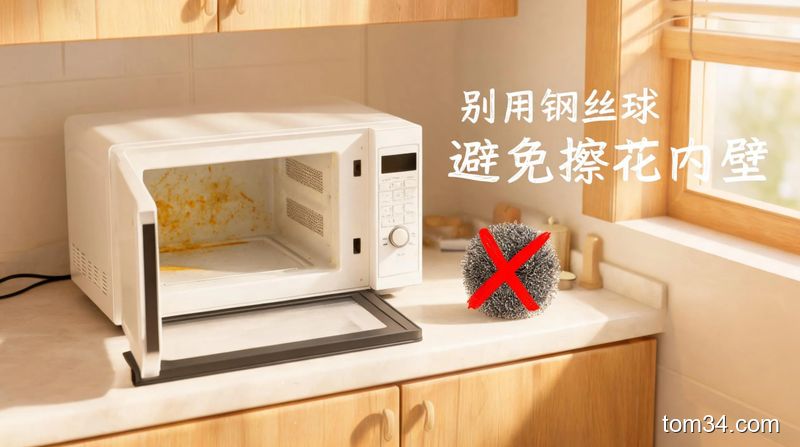 清新明亮生活化厨房场景,台面上放着内壁有油污的微波炉,旁边摆着打红叉的钢丝球,配文字标注“别用钢丝球 避免擦花内壁”,风格温暖接地气,突出清洁避坑