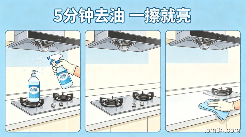 拿着喷壶对着灶台油污喷洒，旁边放着兑好的白醋洗洁精混合清洁用品，抹布一擦灶台立刻变亮的油污清洁场景