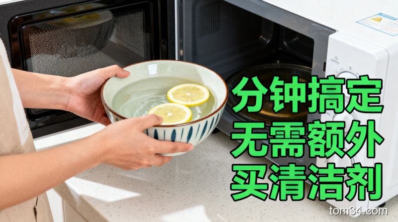 清新明亮厨房台面场景，普通家用陶瓷碗装着加了柠檬片的清水，主人正把碗放进微波炉，旁侧配文字「5分钟搞定 无需额外买清洁剂」，风格生活化，突出快手操作