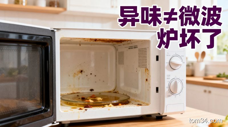 清新明亮生活化厨房场景，打开的微波炉内部可见少量油污残渣，旁侧配醒目文字标注「异味&ne;微波炉坏了」，风格温暖接地气，突出简单排查