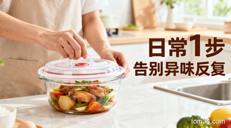 清新明亮厨房场景，主人给要加热的饭菜盖上可微波的保鲜盖，旁侧配文字「日常1步 告别异味反复」，风格生活化，突出低成本零负担