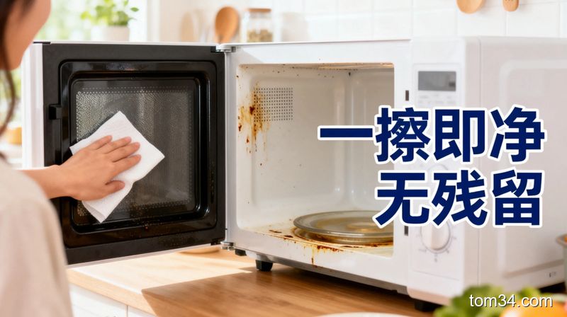 清新明亮厨房场景，主人用普通厨房纸巾轻松擦拭微波炉内壁，污渍一擦就掉，旁侧配文字「一擦即净 无残留」，风格温馨生活化，突出简单高效