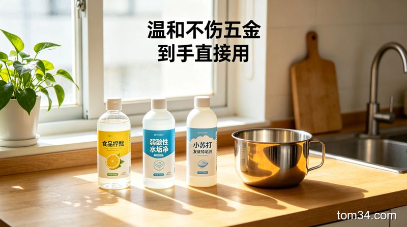 食品级柠檬酸、弱酸性水垢净、小苏打复配除垢剂三款清洁用品摆放在木质厨房台面上的实拍