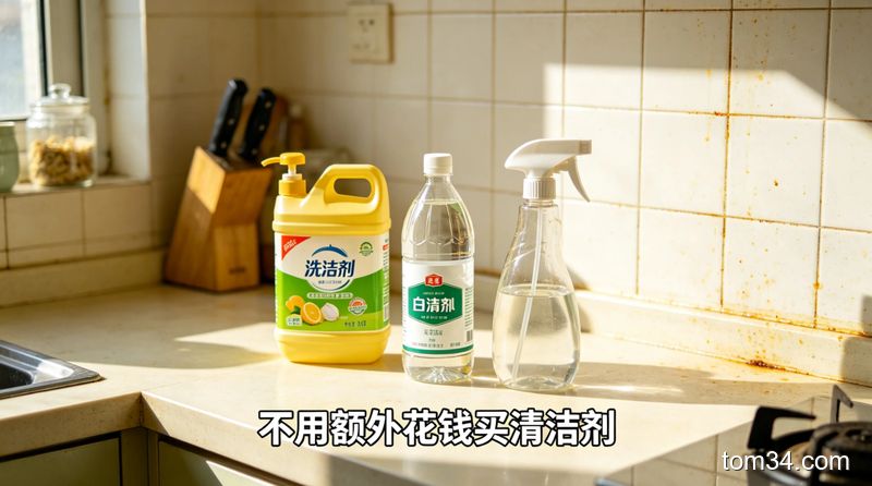 清新明亮生活化场景，厨房墙面瓷砖带少量轻度油污，旁边摆放洗洁精、白醋、空喷壶三个家常物品，配文字「不用额外花钱买清洁剂」，突出简单低成本，操作方便
