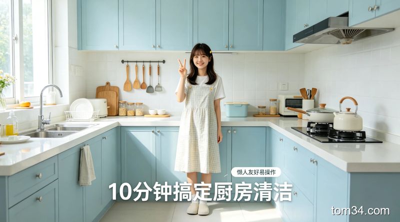 女生轻松擦拭厨房台面的场景，旁边放着海氏海诺清洁湿巾，厨房整体整洁明亮