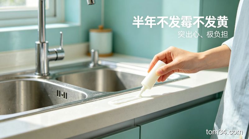 清新明亮生活化出租房厨房场景，清洁完成的油烟机、墙面、水槽都亮得反光，配文字标注「租房党实测 干净到发光」，突出真实可信