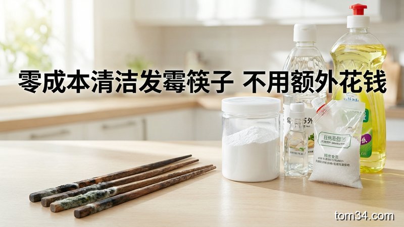 明亮家庭厨房台面场景，左边摆放发黑长霉斑的旧筷子，右边摆着小苏打、袋装白醋、食盐、洗洁精几样家常清洁品，风格清新明亮生活化，标注文字“零成本清洁发霉筷子 不用额外花钱”