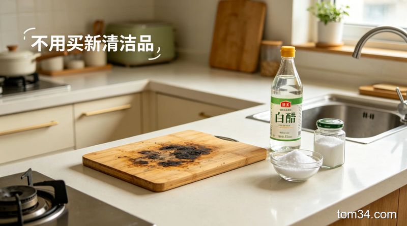 清新明亮居家厨房场景，台面上放着一块发黑发霉的竹木菜板，旁边摆着普通食用粗盐、白醋2样家常物品，角落标注文字“不用买新清洁品”，生活化温暖风格