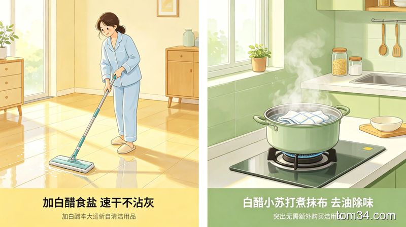 清新明亮生活化场景，画面左右分栏，左边是拖地板的画面配文字「加白醋食盐 速干不沾灰」，右边是锅里煮抹布的画面配文字「白醋小苏打煮抹布 去油除味」，整体风格轻松实用，突出不用额外买清洁用品