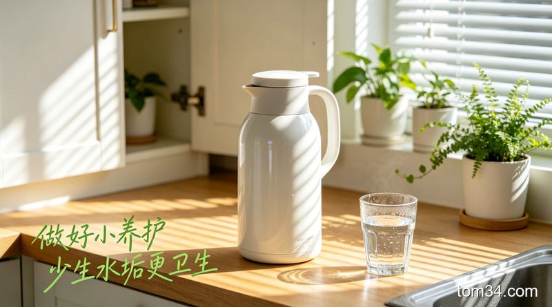 家用玻璃内胆热水瓶，内壁附着厚厚的黄白色水垢，放在厨房台面场景