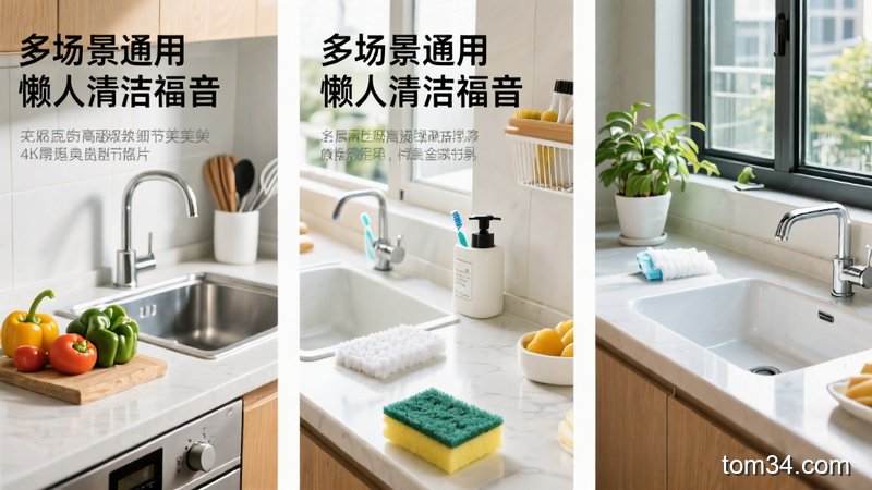 四宫格对比图：第一张是脏的厨房台面，第二张是擦完的干净台面，第三张是脏的卫生间洗手台，第四张是擦完的干净洗手台，每张图里都有高密度海绵擦的身影