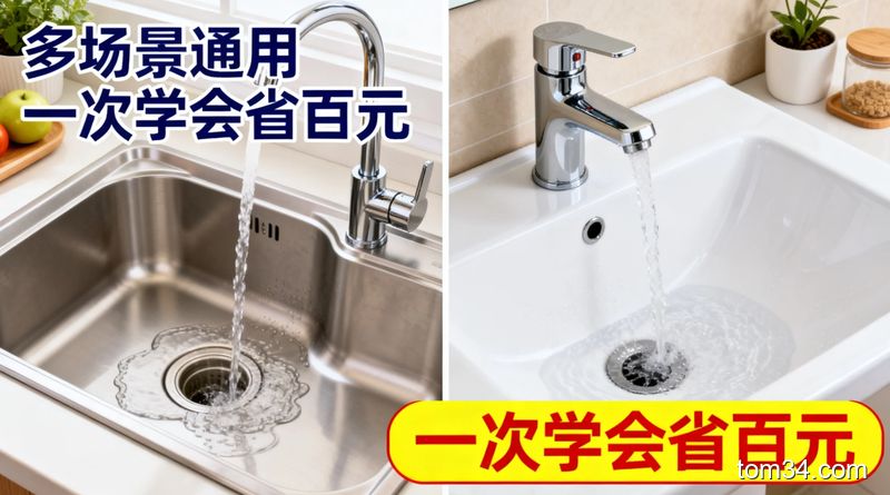 一半厨房水槽、一半卫生间洗手池的拼贴画面，两处下水都畅通流水，风格：清新明亮生活化，关键元素：配文字标注“多场景通用”“一次学会省百元”，突出实用性