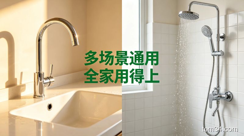 清洁后的厨房水龙头、水槽、卫生间花洒、玻璃的光亮效果对比图